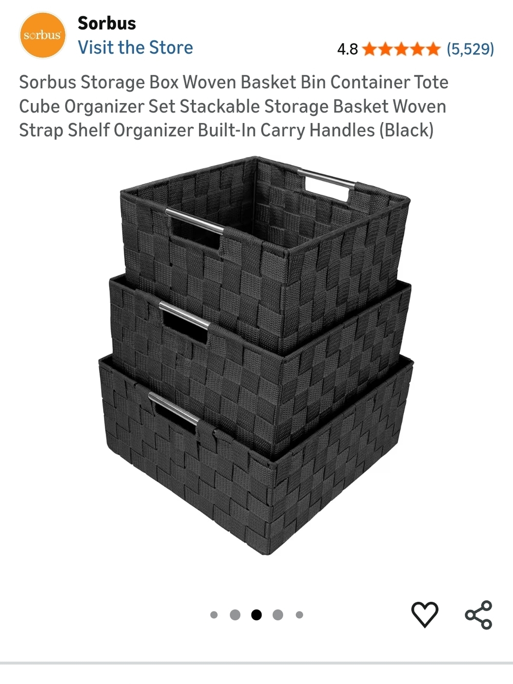 Sorbus Black Woven Storage Baskets - Set of 3